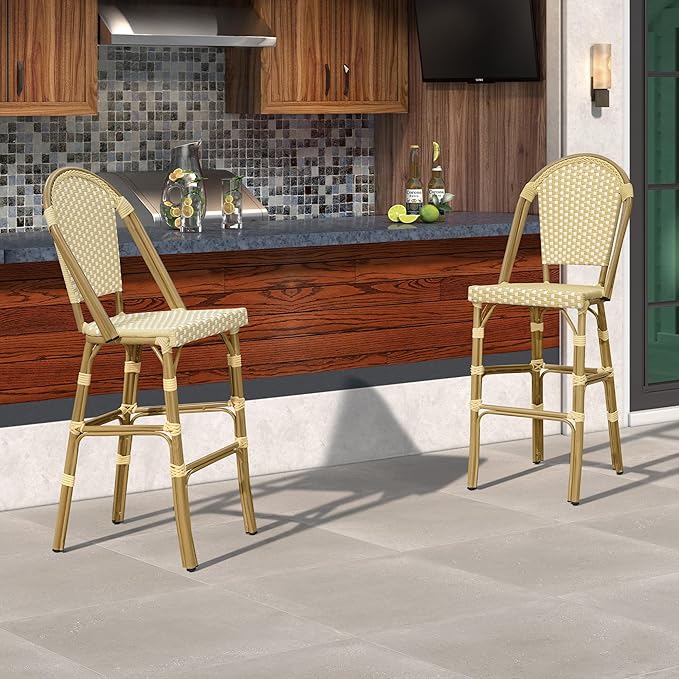 PURPLE LEAF French Bar Stool Set of 4 Bamboo Print Finish Patio Bar Stools with Back Rattan Bar Chairs Wicker Bar - Photo 8