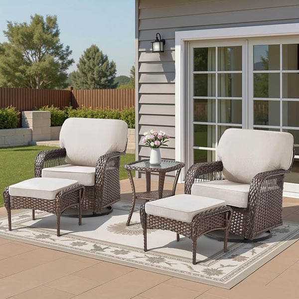 5 Pieces Patio Furniture Set, All Weather Wicker Swivel Rocker Patio Chairs with Ottomans Rattan Side Table - Photo 1