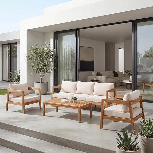 Merax 4 Piece Acacia Wood Patio Furniture Set, 3-Seater Sofa - Photo 1