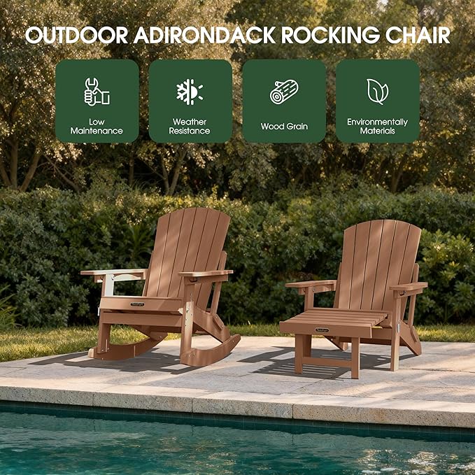 Adirondack Rocking Chair with Retractable Ottoman Set of 4, 4-in-1 Foldable Reclining Patio Chair, HDPE Wood-Look Outdoor Rocker for Porch, Garden & Poolside, Teak