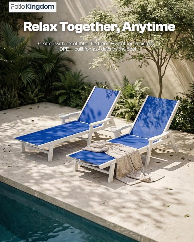 Patio Chaise Lounge Chair with Wheels & Cup Holder, HDPE Textilene Outdoor Lounge Chair 5 Positions Adjustable for Poolside Deck Patio Backyard (2, White Frame, Royal Blue Textilene)