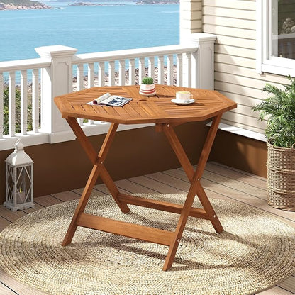 Tangkula 35.5" Octagonal Patio Dining Table, Hardwood Outdoor Bistro Table with Slatted Tabletop, 1.97" Umbrella Hole & Teak Oil Finish, Outside Table for Porch Balcony Deck Poolside Yard