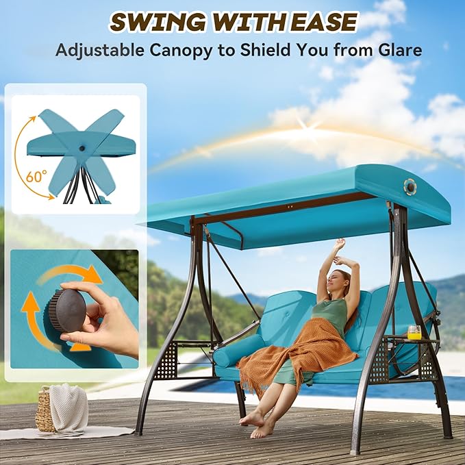 3 in 1 Outdoor Porch Swing with Adjustable Canopy, 3 Seat Outdoor Swing for Adults - Photo 4