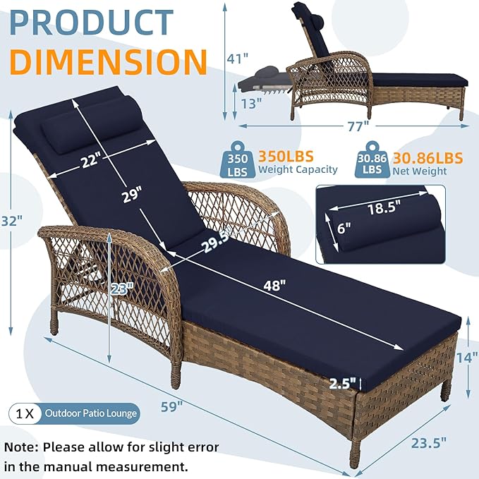 Outdoor Chaise Lounge Chair, PE Wicker Long Recliner Patio Lounge Chair with Cushion - Photo 2