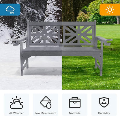 Oversized Outdoor Bench with Cup Holders, 51.5” HDPE Aesthetic Garden Bench for 2 Person, Memorial Benches - Easy Assembly & All Weather, for Porch & Patio, 800lbs Load Capacity (Grey, 1pc)