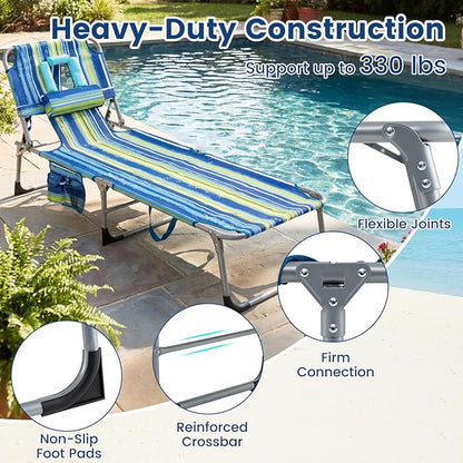 Giantex Face Down Tanning Chair, Folding Beach Lounge Chair w/ 4-Position Adjustable Backrest, Outdoor Sunbathing Lounge Chair w/Face Arm Hole & Storage Pocket for Patio Deck Poolside (2 Blue Stripe)