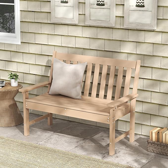 Giantex Outdoor Bench, 52-Inch Outside Bench All-Weather HDPE Park Bench with Backrest and Armrests, 705 lbs Weight Capacity, 2-Person Slatted Patio Bench for Porch, Yard, Lawn, Garden Bench (Teak)