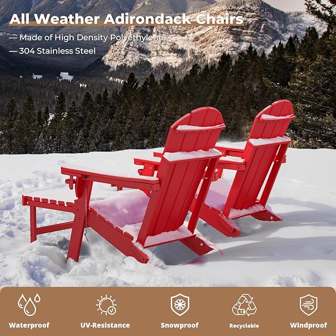BRIOPAWS Adirondack-Chair-with-Pull-Out-Footrest | Folding | HDPE Plastic | Fire Pit Chairs | All Weather | Cup Holders | Curved Back | Retractable Ottoman | for Outdoor Deck Poolside | Red