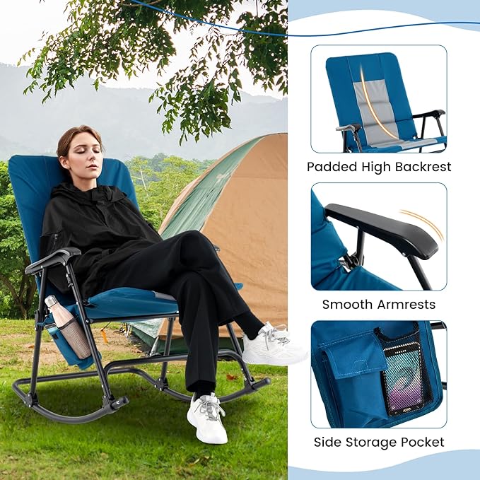 Goplus Oversized Folding Rocking Chair, Padded Patio Lounge Rocker w/Metal Frame, Armrests, Side Pocket - Photo 7