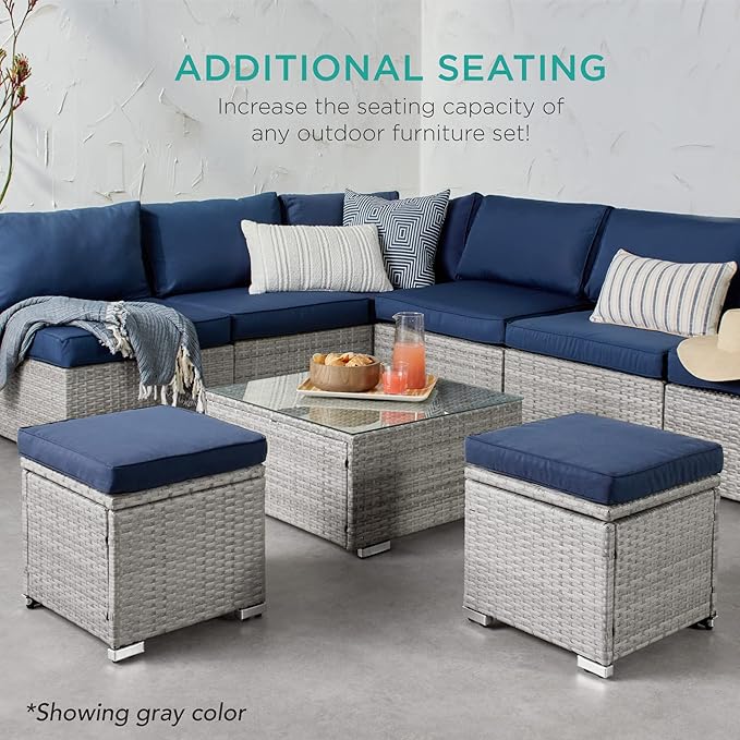 Best Choice Products Set of 2 Wicker Ottomans, Multipurpose Outdoor Furniture for Patio, Backyard, Additional Seating, Footrest, Side Table w/Storage, Removable Cushions - Navy/Brown
