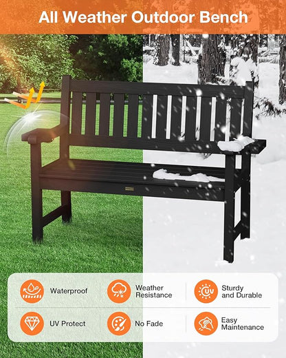 YEFU Outdoor Bench for Patio Waterproof: Heavy Duty 2-Person Garden Bench with 2 Cup Holders & Oversized Seating - HIPS Weatherproof Patio Benches for Front Porch Backyard Park, Black
