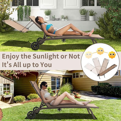 Giantex Set of 2 Outdoor Chaise Lounge Chair, Tanning Chair with Sunshade, Smooth Wheels, 6-Level Adjustable Position, Cup Holder, Metal Frame, Patio Chaise Lounge for Sunbathing, Yard, Poolside (2)