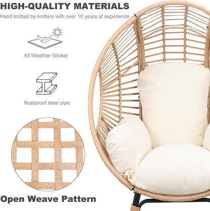 Oversized Wicker Egg Chair, Outdoor Indoor Rattan Patio Egg Lounge Chairs with Cushion 500lbs Capacity for Living Room, Balcony, Backyard (2 PCS, Beige-Regular)