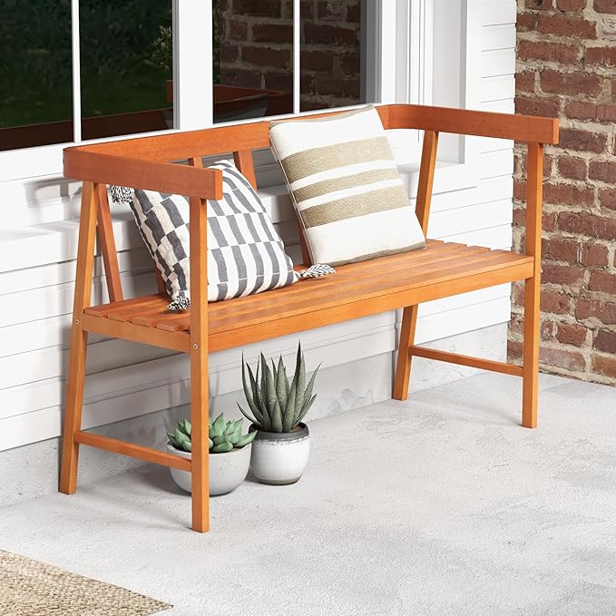 HAPPYGRILL Outdoor Wood Bench 2-Person Patio Wooden Bench with Ergonomic Backrest & Armrests, All-Weather Eucalyptus Wood Frame, Loveseat Outside Bench for Garden Balcony Poolside Porch Deck