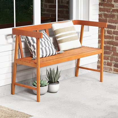 HAPPYGRILL Outdoor Wood Bench 2-Person Patio Wooden Bench with Ergonomic Backrest & Armrests, All-Weather Eucalyptus Wood Frame, Loveseat Outside Bench for Garden Balcony Poolside Porch Deck