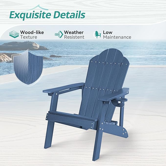 HDPE Adirondack Chairs Set of 2, Weather Resistant Outdoor Seating with Hidden Cup Holder for Porch, Poolside, Deck & Lake House, Blue