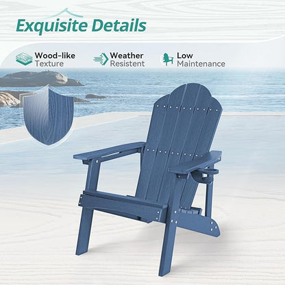 HDPE Adirondack Chairs Set of 2, Weather Resistant Outdoor Seating with Hidden Cup Holder for Porch, Poolside, Deck & Lake House, Blue