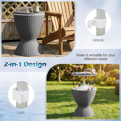 Giantex Outdoor Ice Cooler Side Table with Adjustable Height, 8 Gal Beverage Bucket with Drain Plug, Rattan Patio Bar Table for Poolside, Deck, BBQ & Backyard Parties