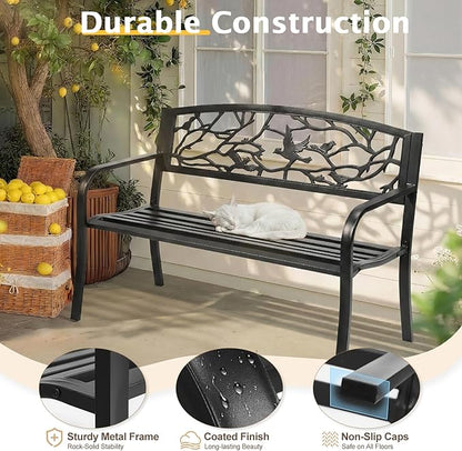 VINGLI Outdoor Bench for Patio Metal Garden Bench w/PVC Back Pattern, Black Park Benches Front Porch Benches for Yard Lawn Decor Deck Entryway (Black-Bird)