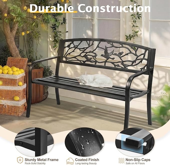 VINGLI 50" Outdoor Bench with PVC Magpie Backrest, Black Metal Patio Bench, Heavy-Duty Iron Garden Benches for Yard, Lawn, Porch, Pathway
