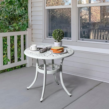 VINGLI 23.6" Cast Aluminum Side Table with Umbrella Hole - All Weather Round Patio Coffee Bistro End Table (White)