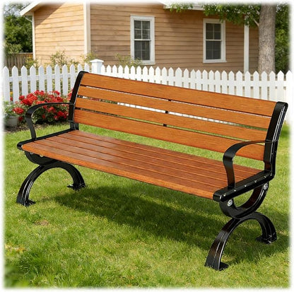 Patio Garden Bench 47" 59" 71" Outdoor Bench Cast Iron Metal Frame & Comfort Wood Seat, Backrest/Backless Porch Benches for Park, Yard, Porch, Lawn, Balcony, Backyard(Oranges,150cm/59)