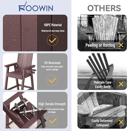 FOOWIN Tall Adirondack Chairs Set of 2,HDPE Adirondack Bar Stools with Connecting Tray & Cup Holders,Weather Resistant Balcony Chair for Outdoor Deck Lawn Pool Backyard Coffee