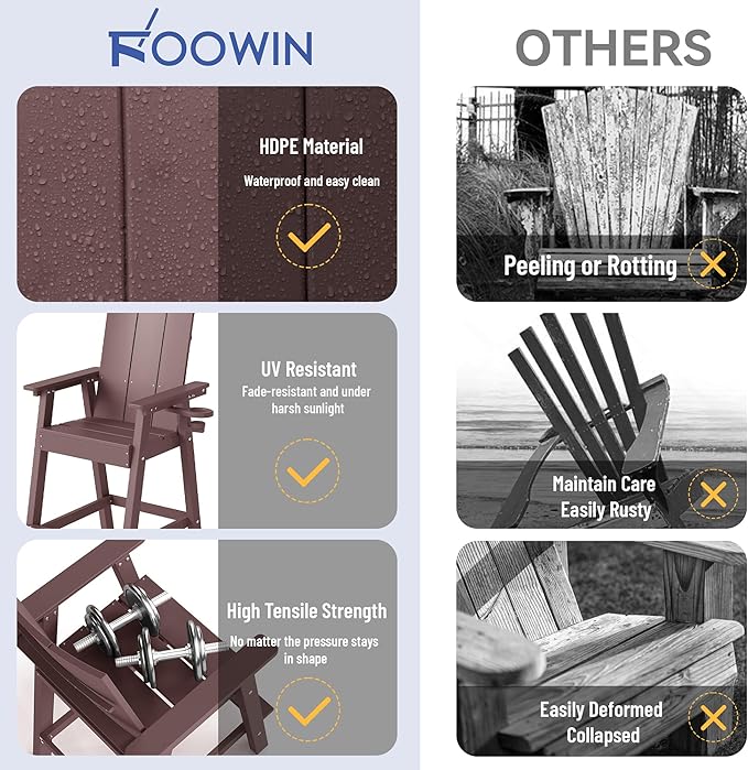 FOOWIN Tall Adirondack Chairs Set of 8,HDPE Adirondack Bar Stools with Connecting Tray & Cup Holders,Weather Resistant Balcony Chair for Outdoor Deck Lawn Pool Backyard Coffee