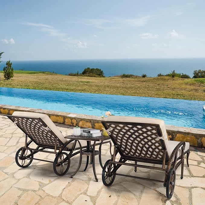 VINGLI Cast Aluminum Outdoor Chaise Lounge Chair with Wheels Set of 2 - Photo 7