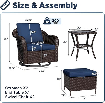 5 PCS Outdoor Conversation Set | 2 Swivel Chairs, 1 Side Table, 2 Ottomans, Patio Wicker Conversation Furniture with Removable Cushions for Bistro, Deck, Sunroom(Navy Blue)