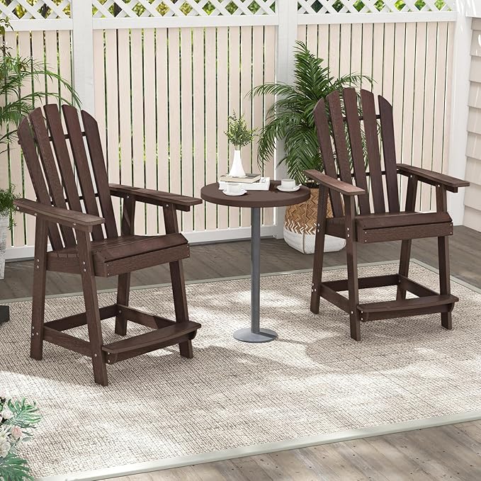 Giantex Tall Adirondack Chair Set of 4, HDPE Outdoor Bar Stools with Armrests, 4.5” Wide Footrest, Patio Adirondack Barstools, All-Weather Balcony Chairs for Poolside, Garden, Backyard (Brown)