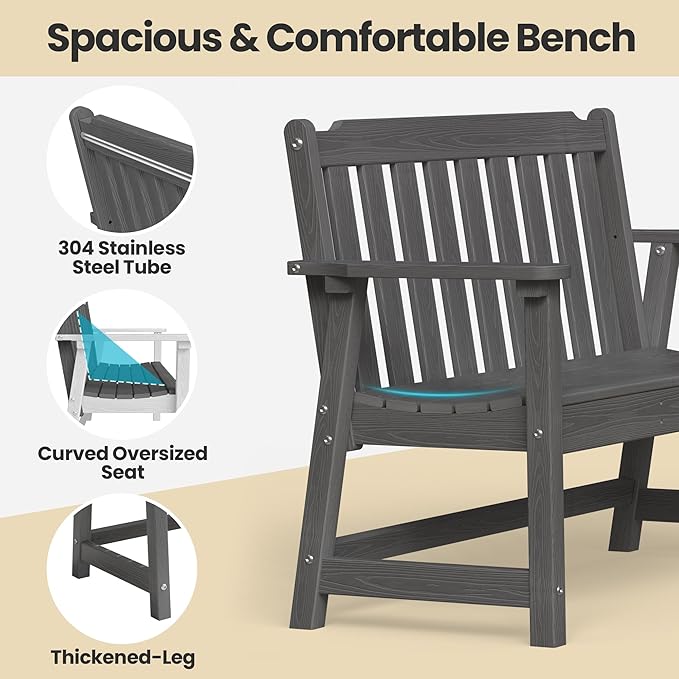 Ciokea 49" Heavy Duty Outdoor Bench, HDPE Weatherproof Porch Benches, Durable 2-Person Garden Benches with 660 Lbs, Waterproof Patio Bench for Outside Balcony Deck Backyard, Dark Grey