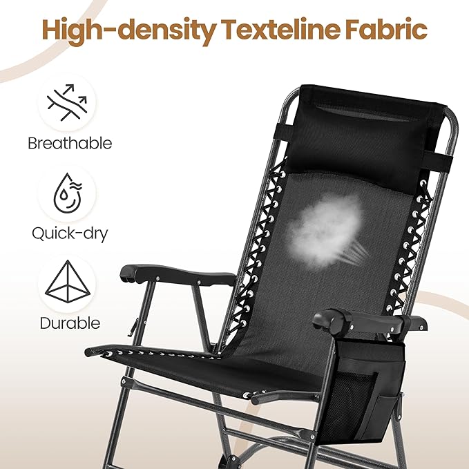 Yaheetech 26in Rocking Chair Outdoor Zero Gravity Folding Chairs Rocking Chairs Foldable Outdoor Lounge Chair for Outside Lawn with Phone Holder/Pillow Ergonomic Design for Rest, Black, Set of 2
