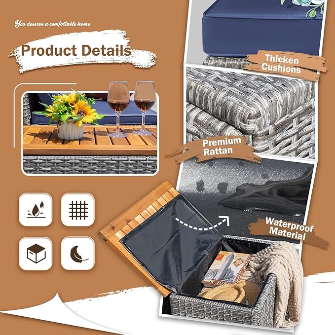 Devoko Patio Day Bed Outdoor Daybed Set Multifunctional Rattan Lounge Bed with 2 Side Tables for Backyard Porch - Photo 8