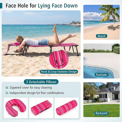 GYMAX Tanning Chair, Folding Lounge Chairs with Face Hole & Cover, Removable Pillow Carry Handle, Portable Compact Outdoor Layout Recliner for Beach, Poolside, Lawn, Patio, Camping (Pink Stripe,2)
