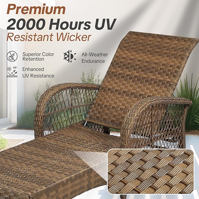 HOMEDIARY 3-Piece Outdoor Wicker Lounge Chair Set, Patio Chaise Loungers Set of 2 w/Side Table - Photo 6