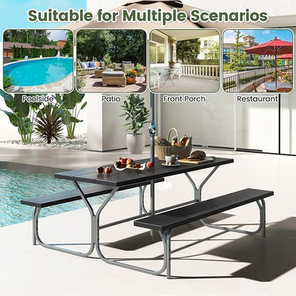Giantex 6FT Picnic Table Bench Set Outdoor Camping All Weather Metal Base Wood-Like Texture Backyard Poolside Dining Party Garden Patio Lawn Deck Furniture Large Camping Picnic Tables for Adult, Black