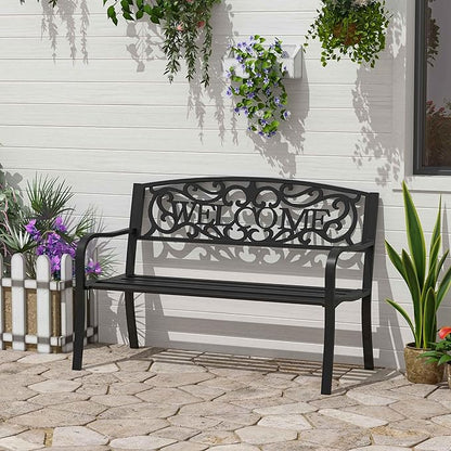 Metal Outdoor Garden Bench with Welcome Design