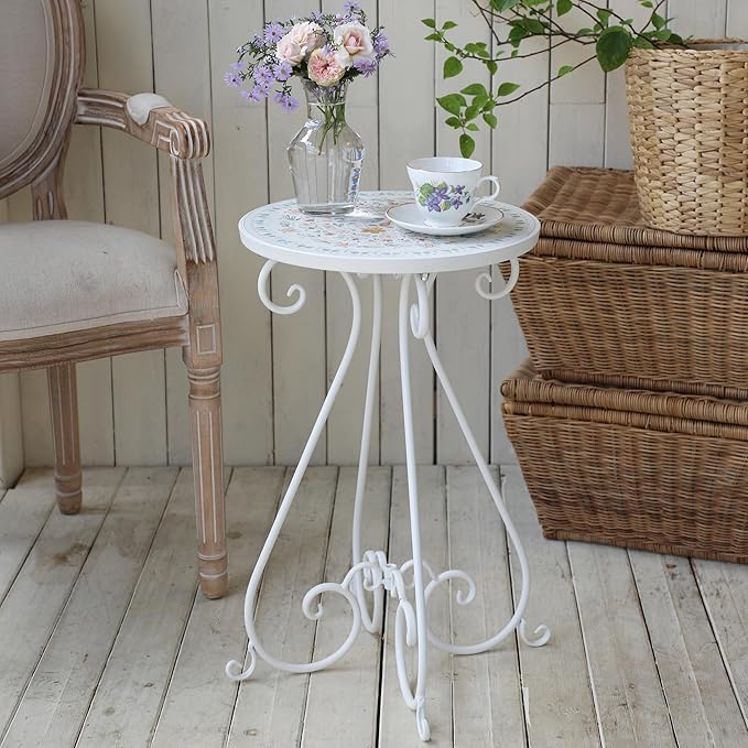 Outdoor Side Table & Mosaic Plant Stand, 14" Ceramic Tile Top Round End Table Accent Table, Indoor Outdoor Coffee Tea Table for Yard Porch Garden Patio