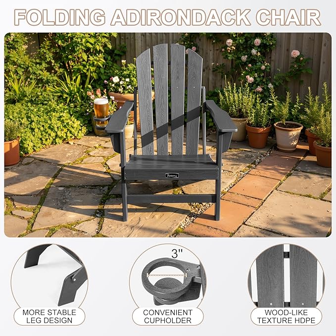 FUNBERRY Folding Adirondack Chair, HDPE Stable Gun-Leg Design Fire Pit Chairs with Cupholder All Weather for Outside