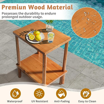 Outvita Outdoor Side Table, Acacia Wooden End Table Small Coffee Table for Patio Balcony Garden Living Room Bedroom Sturdy (Smooth Tabletop- 2 Tiers)