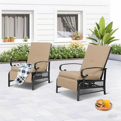 Incbruce Outdoor Lounge Chair Set of 2 Patio Furniture Adjustable Recliner with Retractable Steel Frame and Removable Thick Cushions - Brown