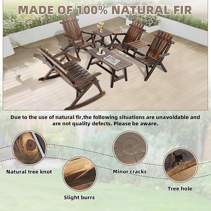 5-Piece Outdoor Wood Log Rocking Conversation Set, Patio Adirondack Furniture Set Including 2-Seater Loveseat, Garden Bench & Built-in Table, 2 Coffee Table, Log Rocker Chair, Carbonized