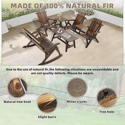 5-Piece Outdoor Wood Log Rocking Conversation Set, Patio Adirondack Furniture Set Including 2-Seater Loveseat, Garden Bench & Built-in Table, 2 Coffee Table, Log Rocker Chair, Carbonized