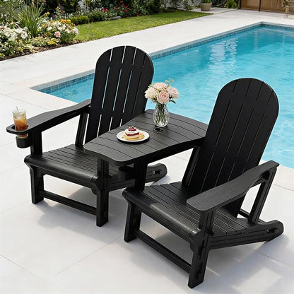 Vongrasig Adirondack Chairs Set of 2 with Removable Tabletop, All-Weather HDPE Outdoor Chair Set with Wooden Textured, Cup Holder for Patio, Poolside, Deck, Garden, Black