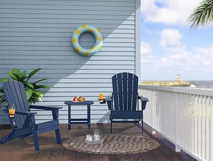 Upgraded Folding Adirondack Chair with All-Weather Cup Holder-EcoVida, Premium Wood Grain Texture, HDPE Waterproof, Suitable for Fire Pit, Patio, Porch, Navy