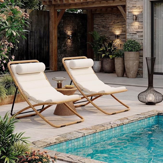 Outdoor Chaise Lounge Chair Set of 2, Patio Chaise Lounge Recliner, Poolside Chaise Lounge with Thick All-Weather Cushions for Patio, Deck and Backyard(D)