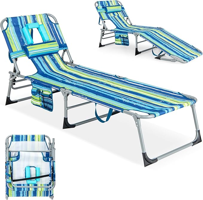 GYMAX Tanning Chair, Folding Lounger with Face/Arm Holes, Carry Handles & Side Pocket - Photo 1
