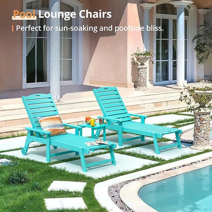 LUE BONA HDPS Chaise Lounge Chair Set of 2, Outdoor Pool Lounge Chairs with Adjustable Backrest, Resin Patio Lounge Chairs with Wheels for Outside, Aruba Blue