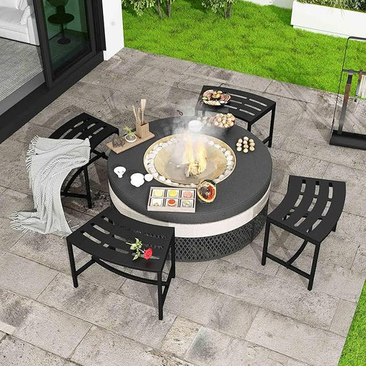 Metal Outdoor Curved Fire Pit Bench Set of 4, Fire Pit Seating Waterproof, Steel Backless Outside Tree Bench for Garden,Patio,Porch,Backyard,Heavy Duty Plant Holder, Style 2, Black
